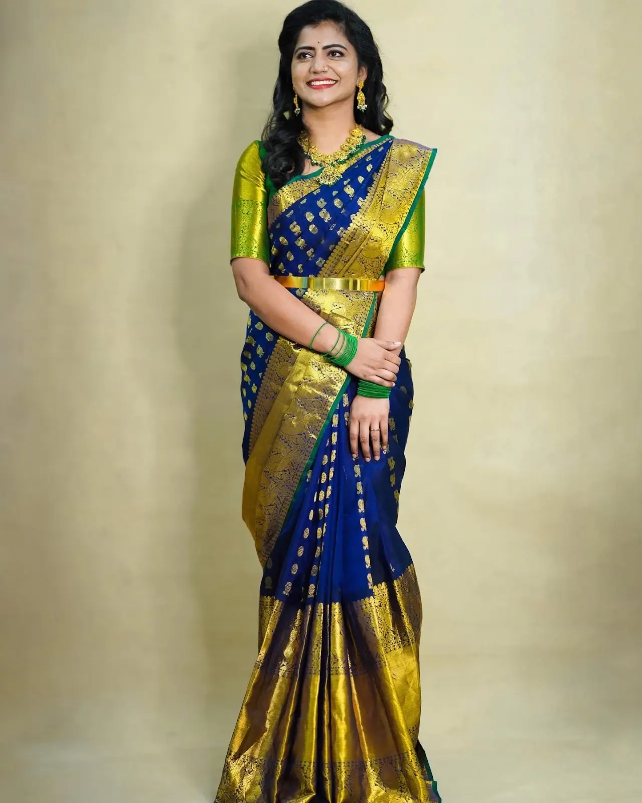 South Indian TV Model Shiva Jyothi In Blue Pattu Saree